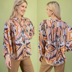 Mint navy Rust floral abstract mixed media bubble sleeve button down blouse top